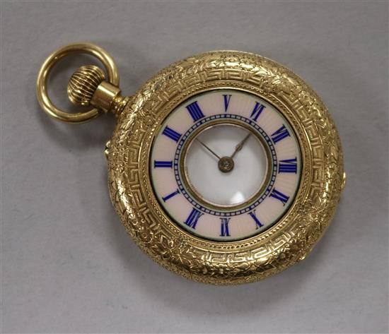 An 18ct gold and enamel half hunter fob watch.